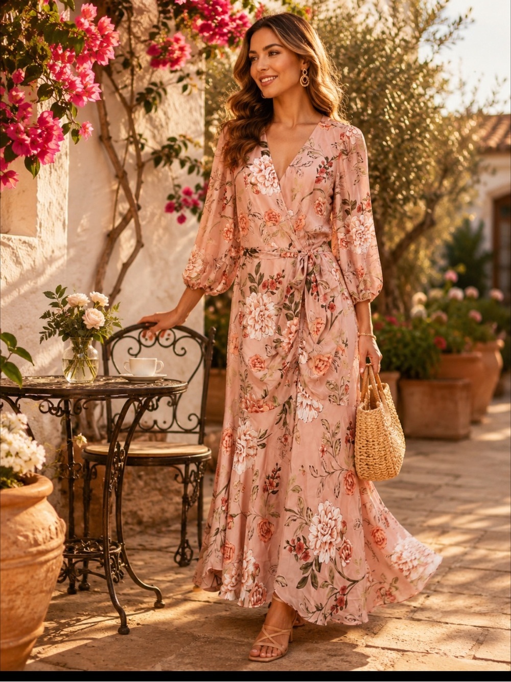 Eliza J Size 18 Blush Floral Chiffon Ruched Faux Wrap Maxi Wedding Guest
